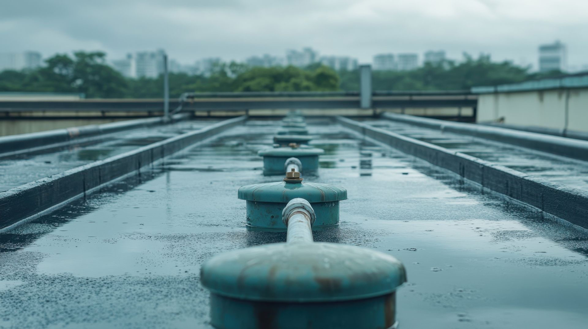 Azotea mojada con varios tubos de ventilación verdes, cielo nublado, ciudad al fondo.