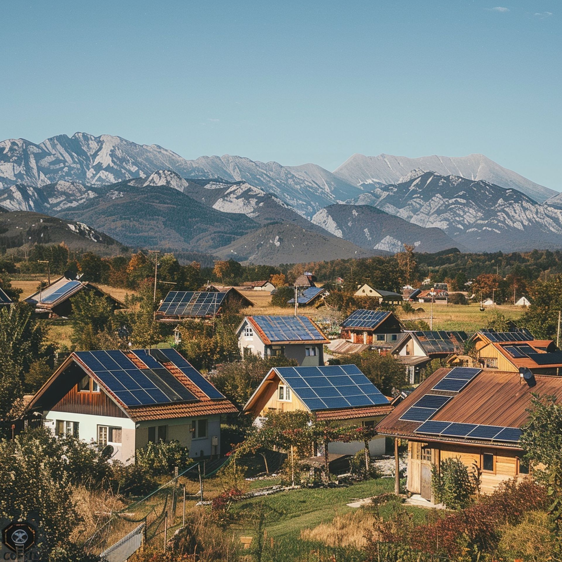 Casas con paneles solares en los tejados de un pueblo, con montañas al fondo bajo un cielo azul.