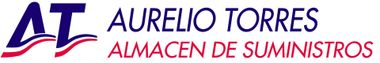 Logotipo de Aurelio Torres, almac&eacute;n de suministros, con letras azules y rojas.