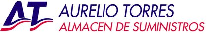 Logotipo de Aurelio Torres, almac&eacute;n de suministros, con letras azules y rojas.