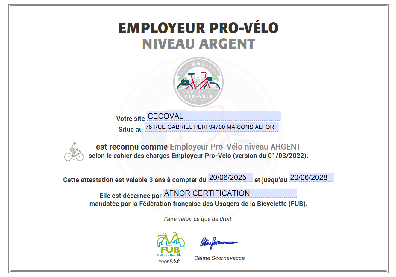 Label Employeur Pro-Vélo décerné au cabinet Cecoval