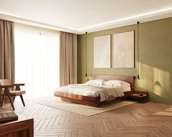 Ein Schlafzimmer mit einem großen Bett, einem Stuhl und einem großen Fenster.