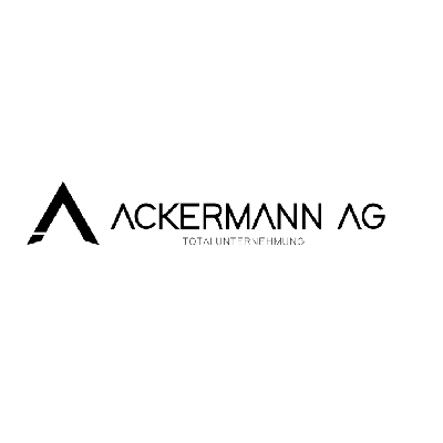 Schwarzes Ackermann AG-Logo mit stilisiertem A und kleinem Slogan auf weissem Hintergrund
