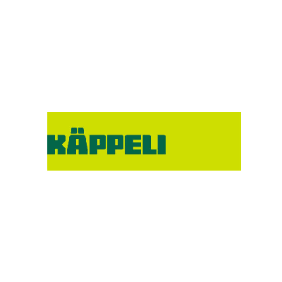 Gelbgrünes Logo mit türkisfarbenem Schriftzug „KÄPPELI“ auf weissem Hintergrund