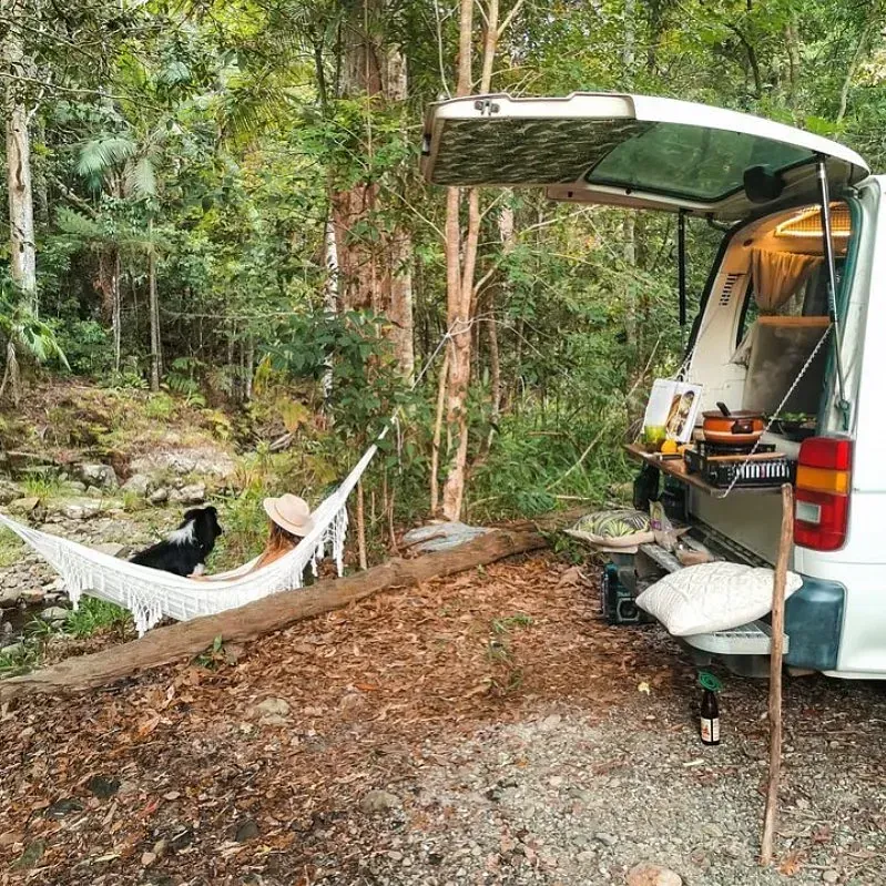 Una persona está acostada en una hamaca al lado de una camioneta en el bosque.