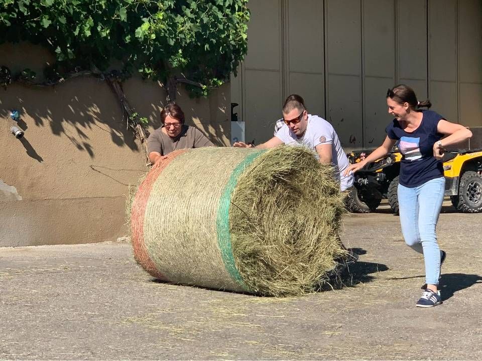 Drei Personen rollen einen grossen Heuballen über eine gepflasterte Fläche in der Nähe eines Gebäudes.
