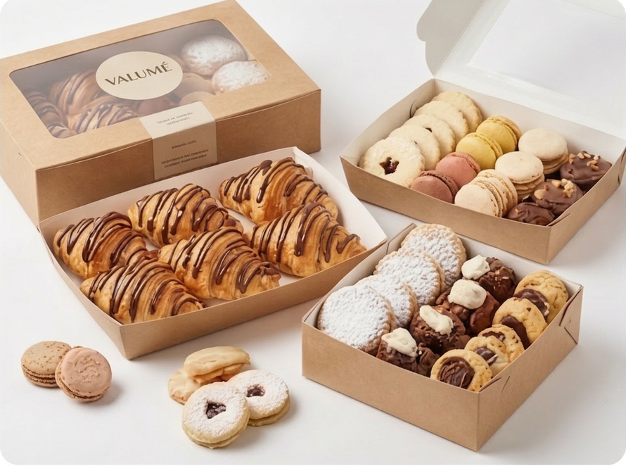 Tres cajas llenas de una variedad de croissants, galletas y pasteles, junto con galletas sueltas sobre una superficie blanca.