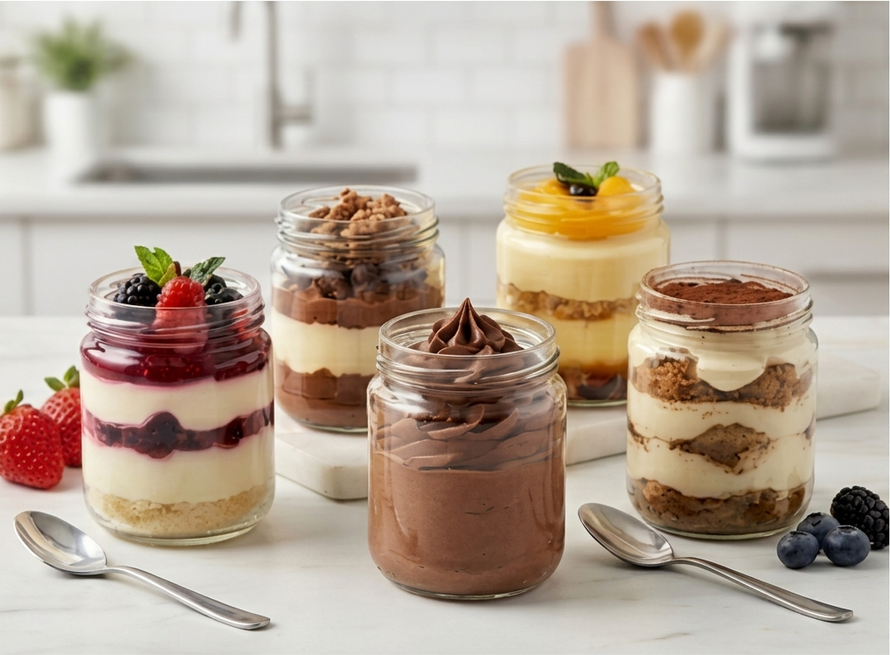 Cinco tarros de postre apilados, con sabores a frutos rojos, chocolate y tiramisú, reposan sobre una encimera blanca.