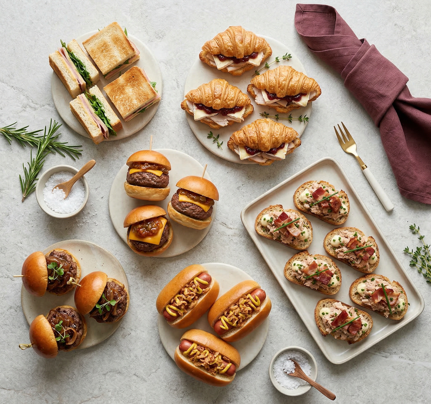 Una selección de aperitivos en platos individuales, que incluía sándwiches, mini croissants, mini hamburguesas y otros.