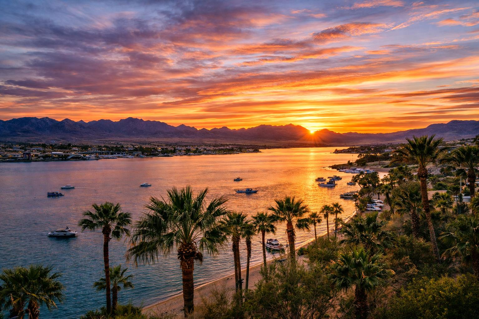 Sunset over a bay with palm trees; colorful sky reflects on the water.