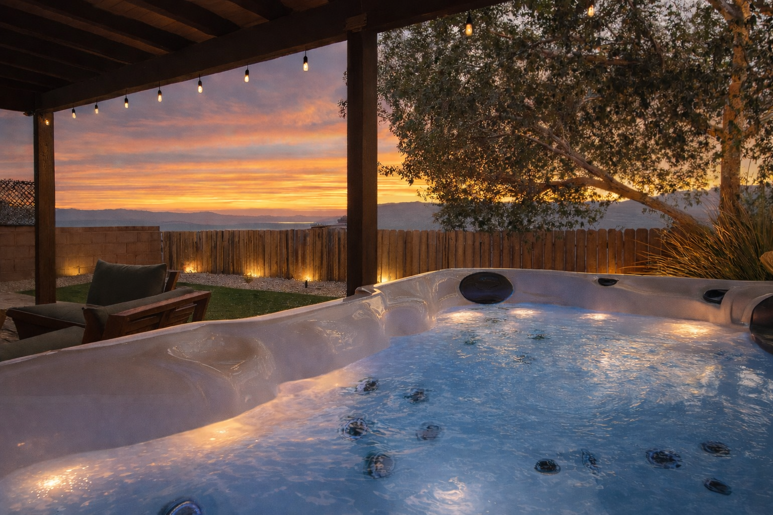 Hot tub with illuminated jets, under a wooden pergola, at sunset. Mountain view.