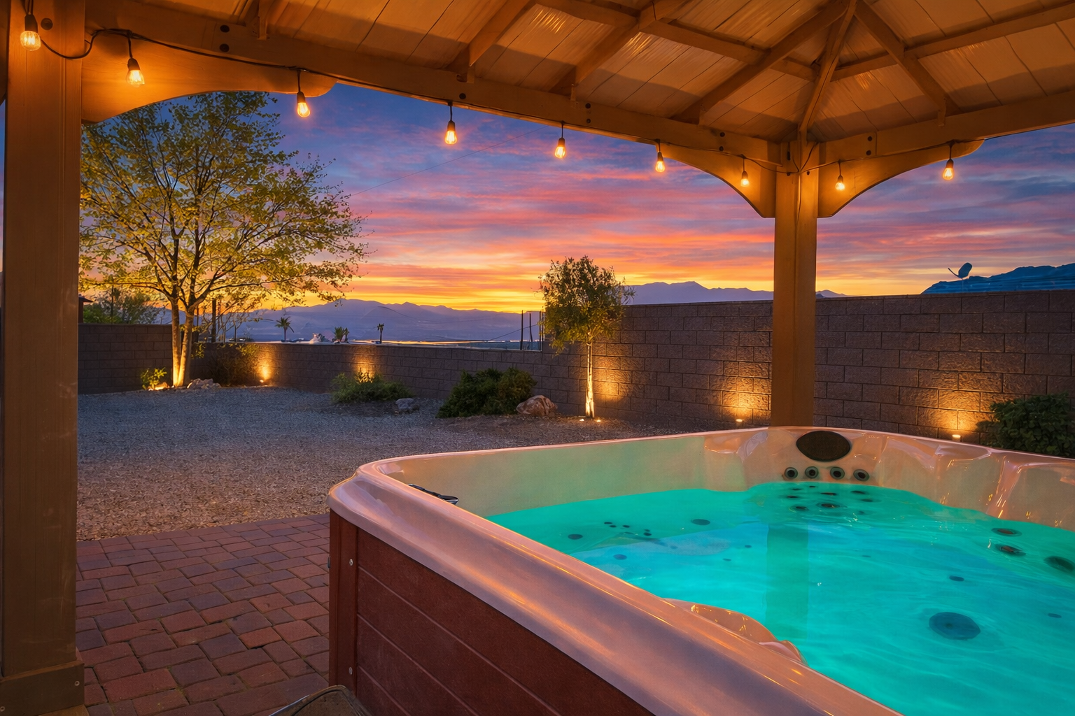 Hot tub under gazebo at sunset, lights, desert landscape, vibrant sky, relaxation.