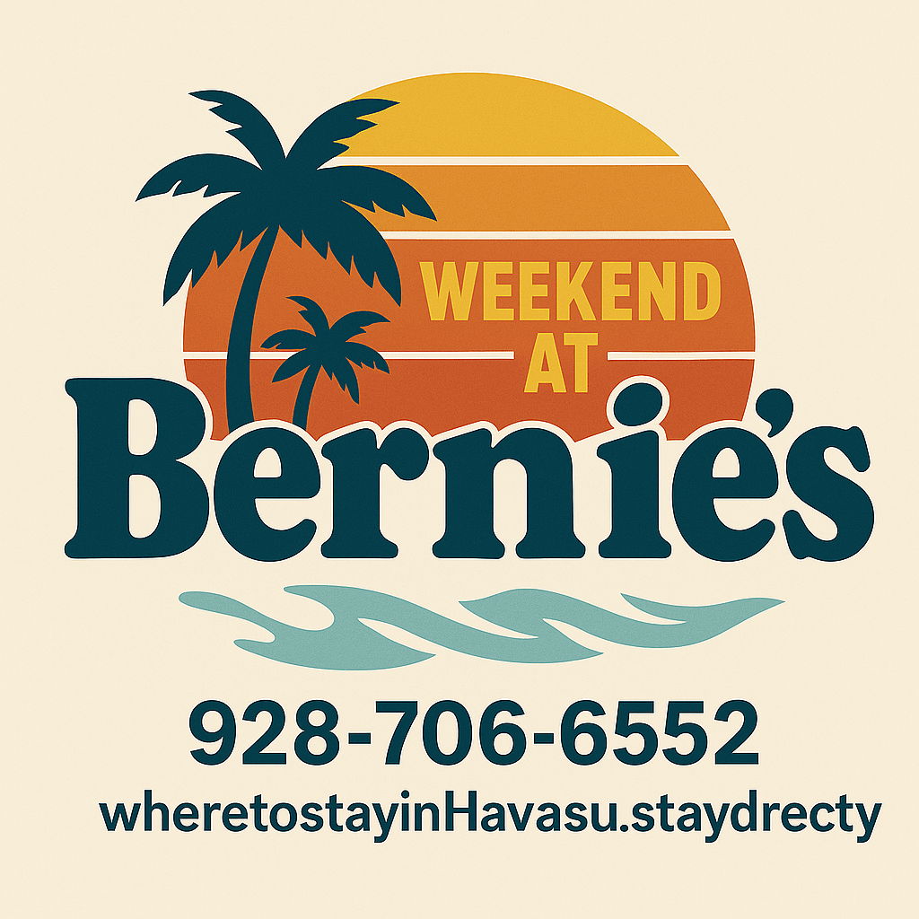 Logo for "Weekend at Bernie's" with palm trees, sun, waves, and a phone number.