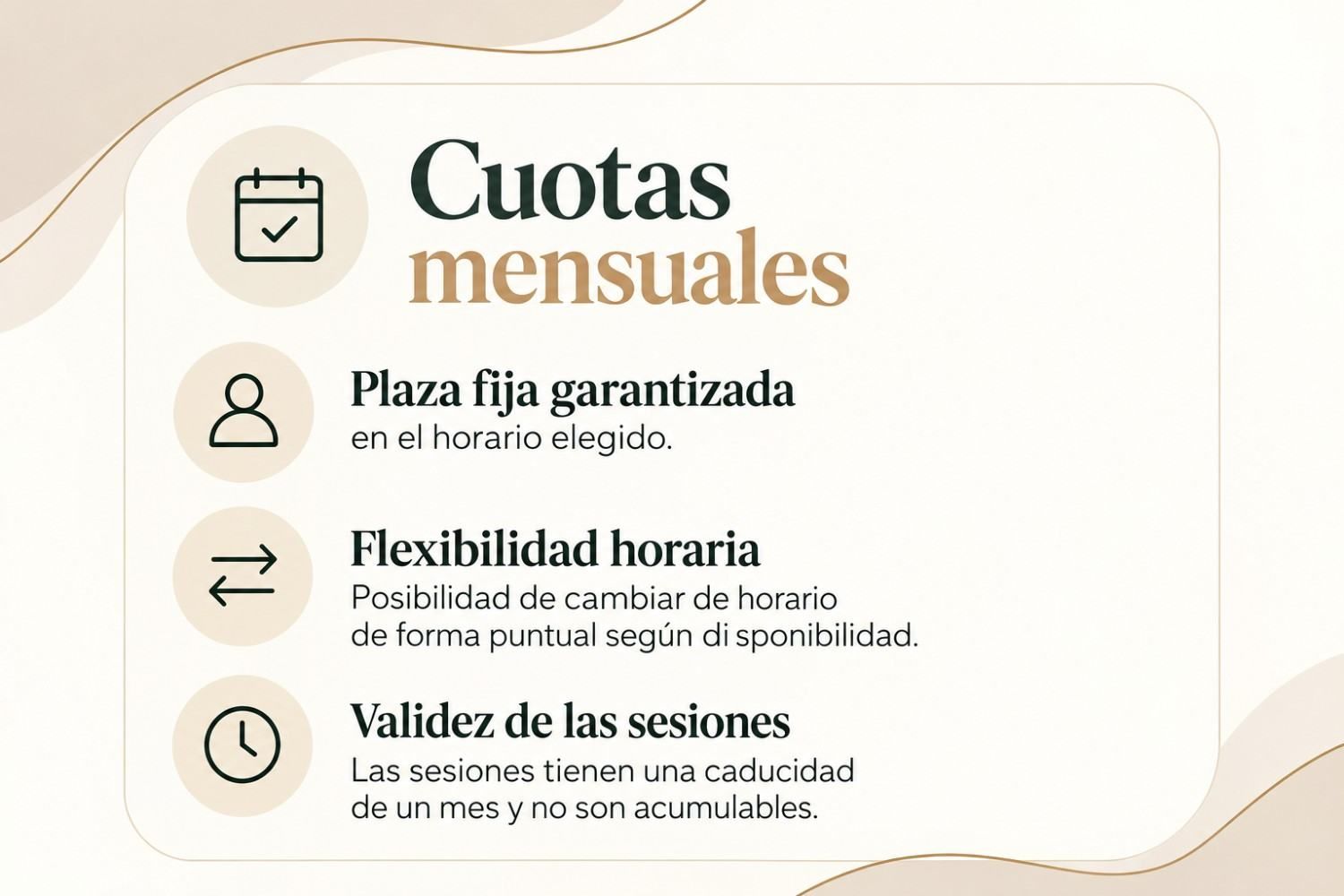 Dos paneles beige con texto en español sobre «Cuotas mensuales» y «Bonos de sesiones», con iconos y listas.