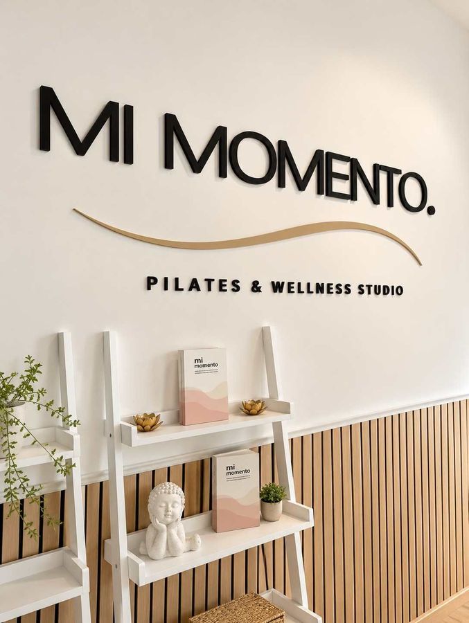 Letrero de Mi Momento Pilates & Wellness Studio en una pared blanca con estanterías y decoración con detalles de madera