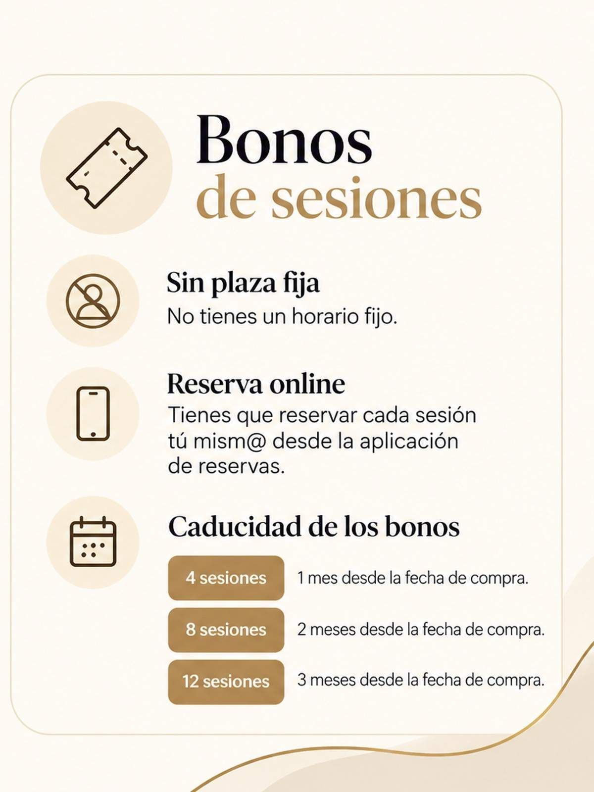 Dos paneles beige con texto en español sobre «Cuotas mensuales» y «Bonos de sesiones», con iconos y listas.