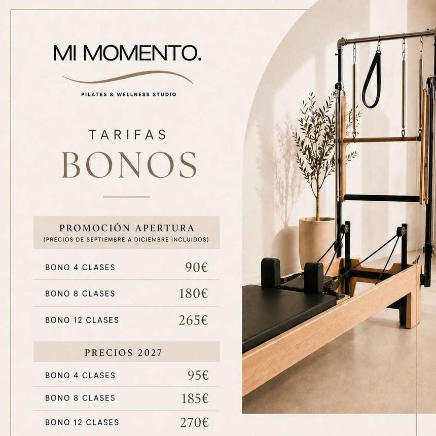 Dos paneles beige con texto en español sobre «Cuotas mensuales» y «Bonos de sesiones», con iconos y listas.