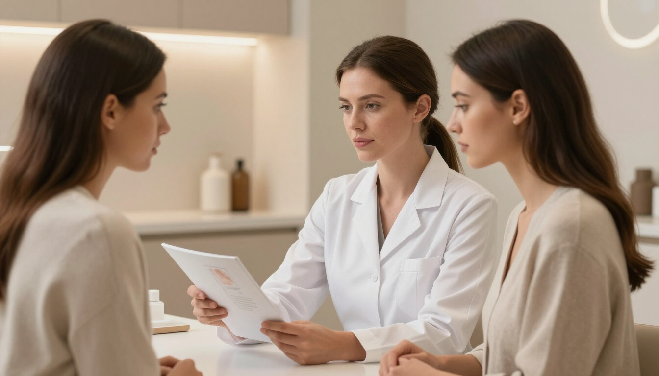 Un profesional médico con bata de laboratorio está sentado en un escritorio, discutiendo documentos con dos personas.