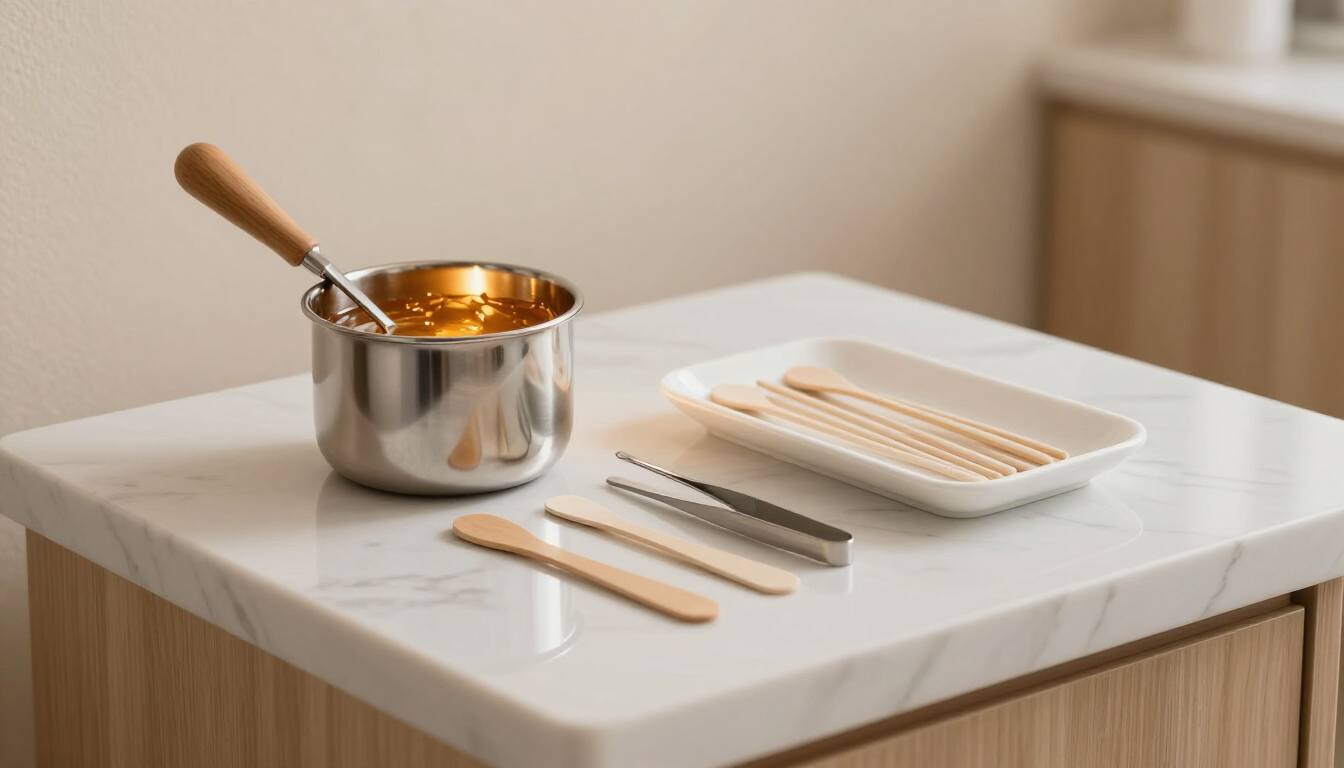 Una olla de acero inoxidable llena de cera dorada, espátulas de madera y pinzas metálicas dispuestas.