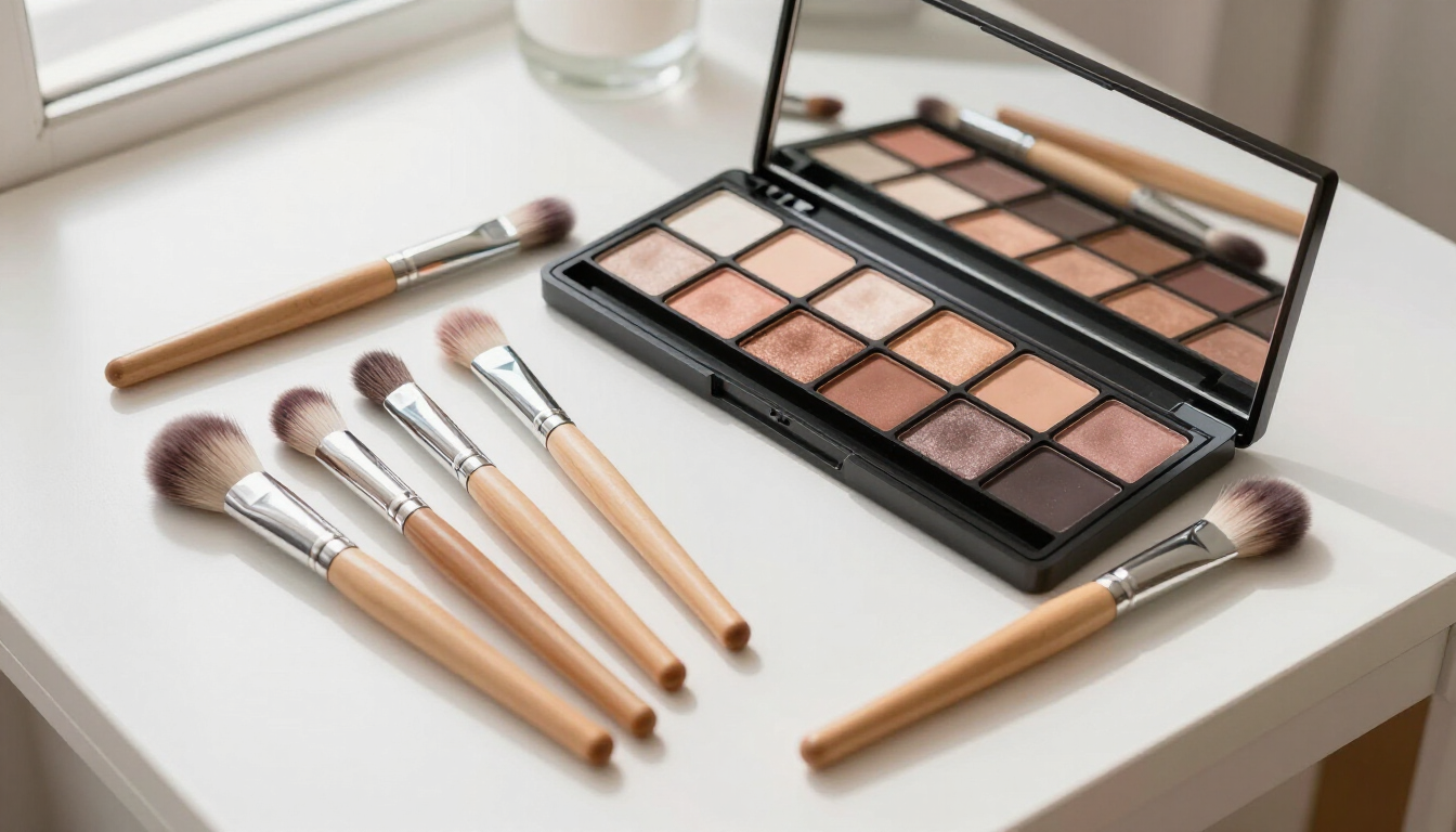 Una paleta de sombras de ojos con tonos neutros y varias brochas de maquillaje con mango de madera.