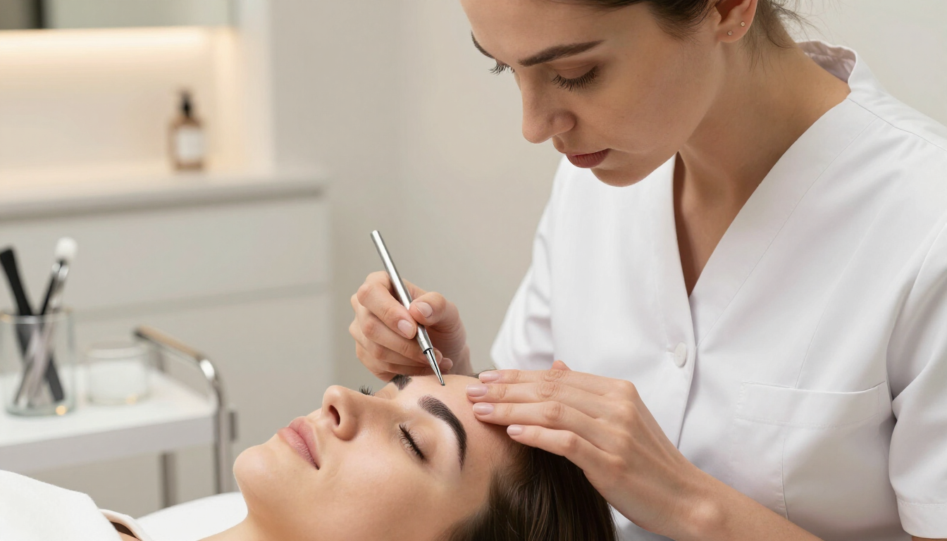 Una profesional con uniforme blanco realiza un tratamiento facial cosmético a una clienta que yace en una camilla.
