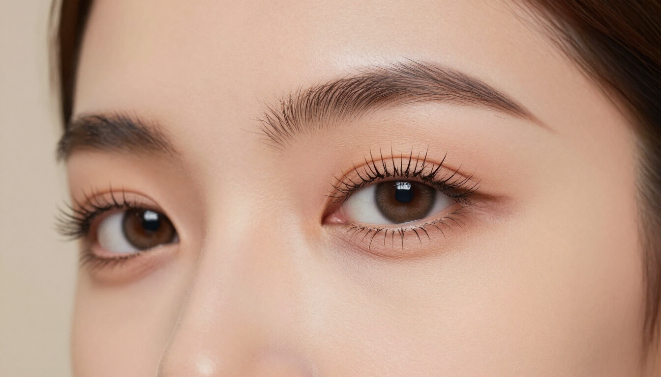 Primer plano de unos ojos humanos con maquillaje de aspecto natural, cejas definidas y pestañas largas y rizadas.