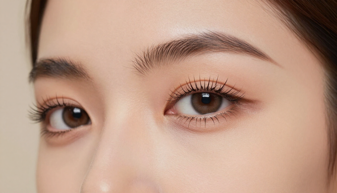 Primer plano de unos ojos humanos con maquillaje de aspecto natural, cejas definidas y pestañas largas y rizadas.