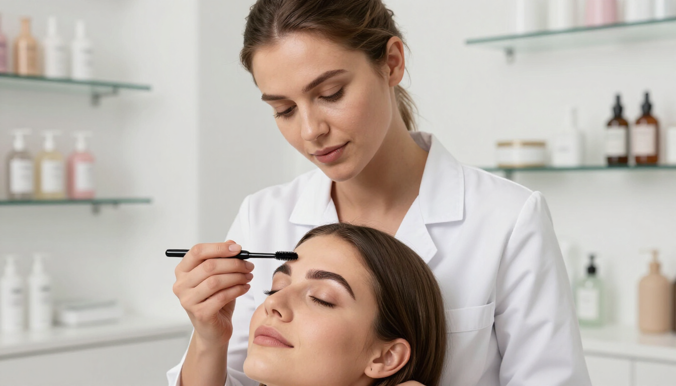 En un salón de belleza luminoso y profesional, una técnica con bata blanca arregla las cejas de una clienta.