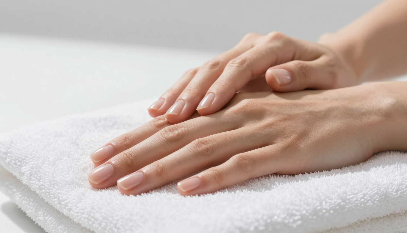 Dos manos descansan suavemente sobre una toalla blanca suave y doblada, sobre un fondo liso.