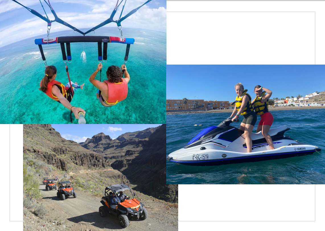 Collage de parasailing, motos acuáticas y paseos en vehículos todoterreno en entornos soleados al aire libre.