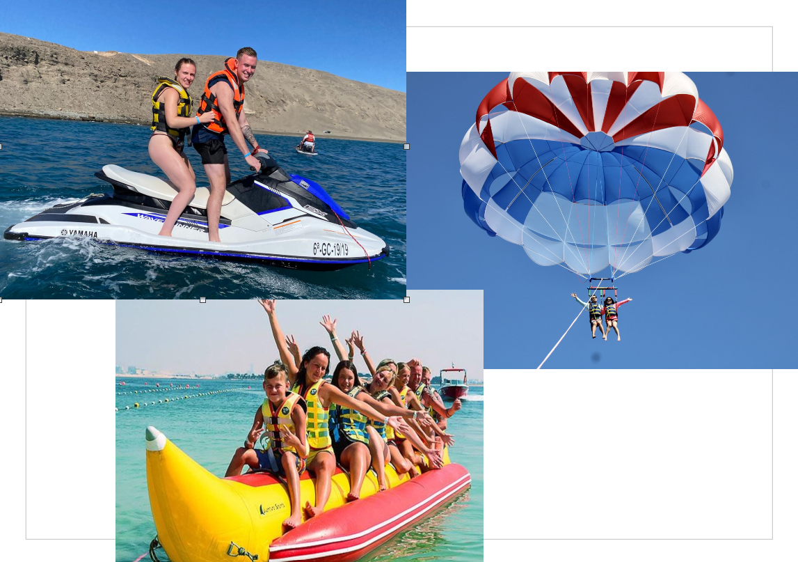 Gente montando en moto acuática, haciendo parasailing y rebotando en una banana boat sobre aguas azules.