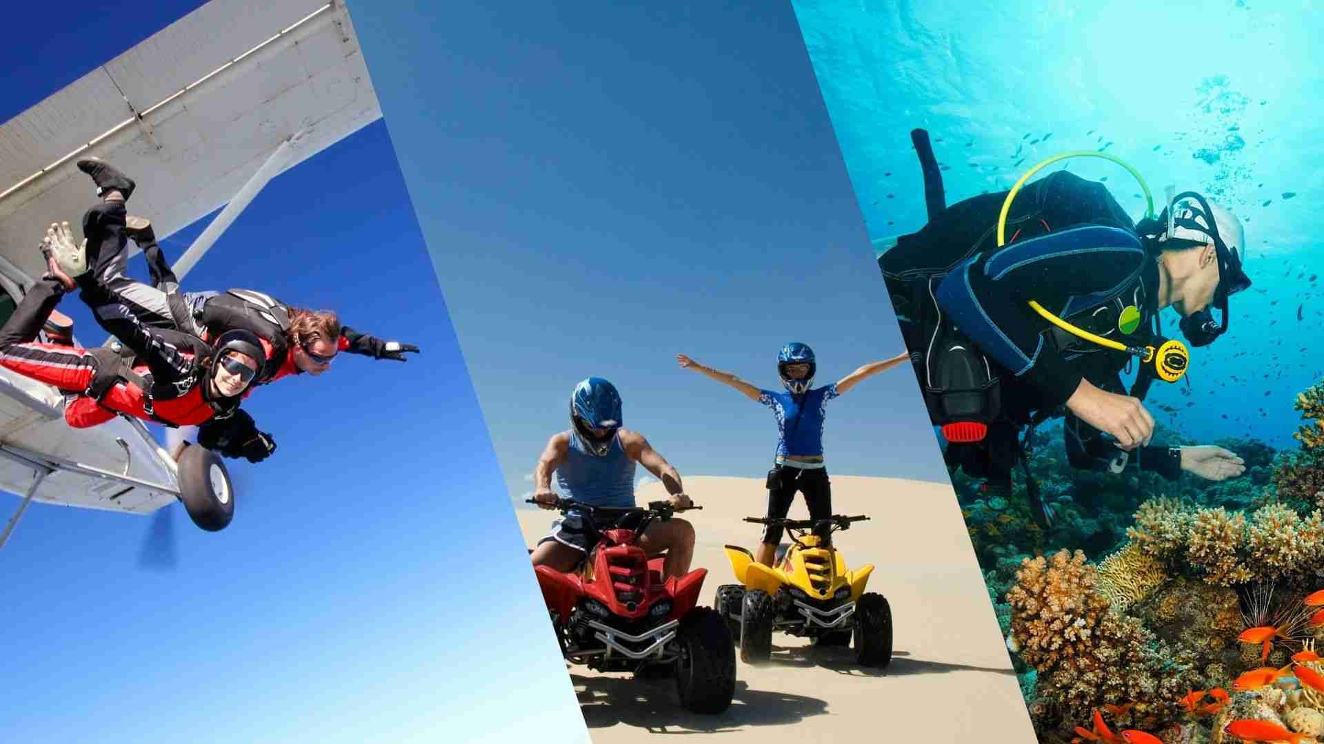 Paracaidismo, paseos en vehículos todo terreno y buceo, mostrando actividades de aventura.