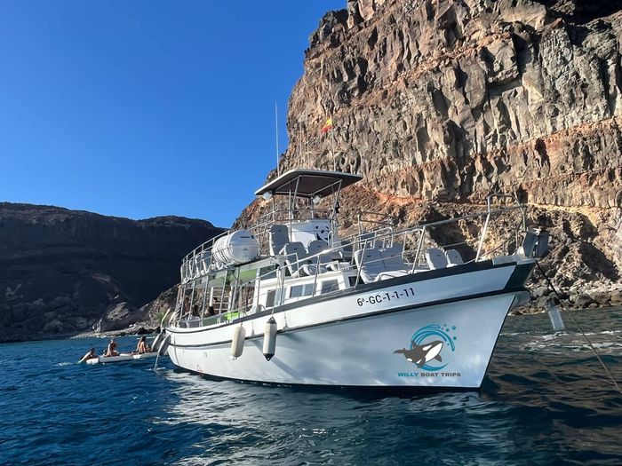 Barco turístico blanco en aguas azules junto a un acantilado rocoso bajo un cielo despejado.