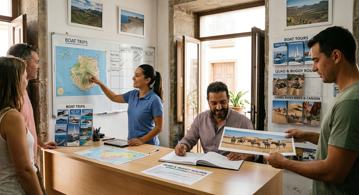 Varias personas hojean folletos de viajes y un mapa mural en una oficina luminosa, mientras una mujer señala el mapa.