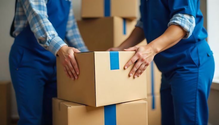 Deux déménageurs empilent des cartons avec du ruban adhésif bleu dans un entrepôt.