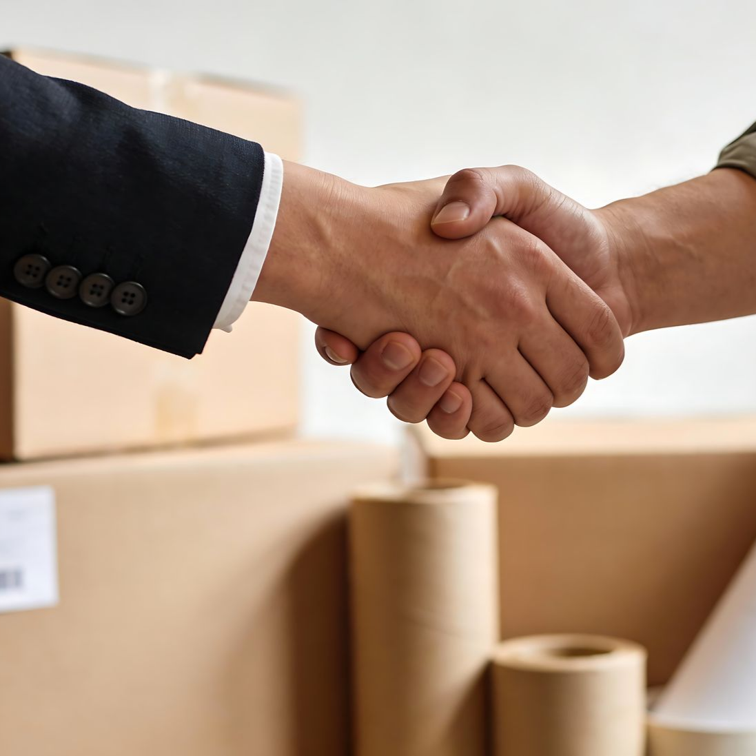 Poignée de main entre deux personnes dans un bureau en plein déménagement, entouré de cartons et de matériaux d'emballage.