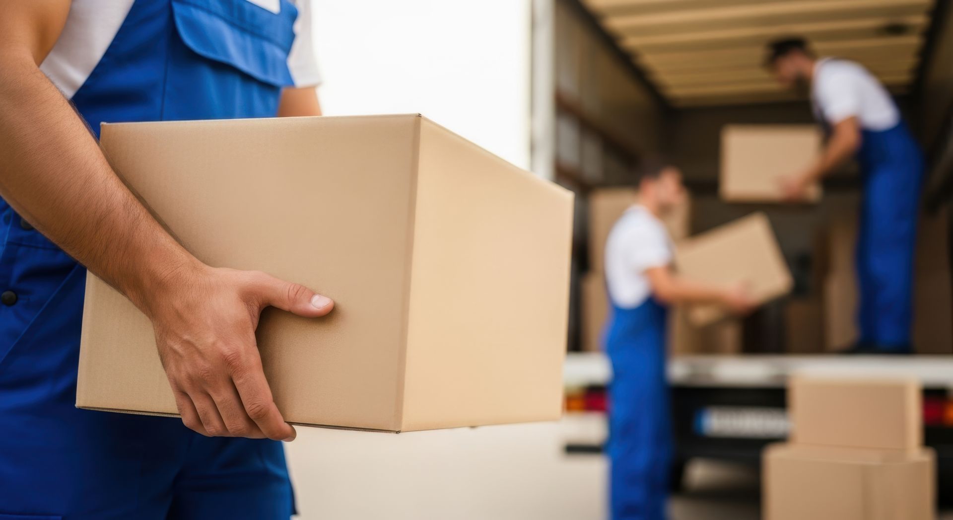 Un ouvrier transporte un carton dans un entrepôt, tandis que d'autres chargent des cartons en arrière-plan.