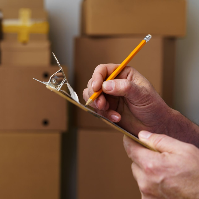 Des mains tenant un crayon et un bloc-notes, avec des cartons d'emballage en arrière-plan.