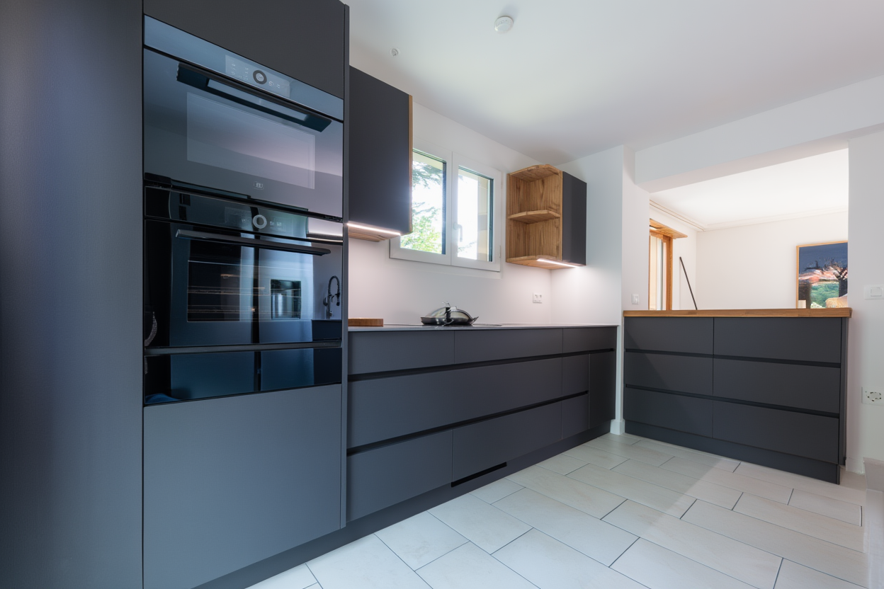 Moderne Küche mit dunkelgrauen Schränken, eingebautem Backofen und weissem Fliesenboden.