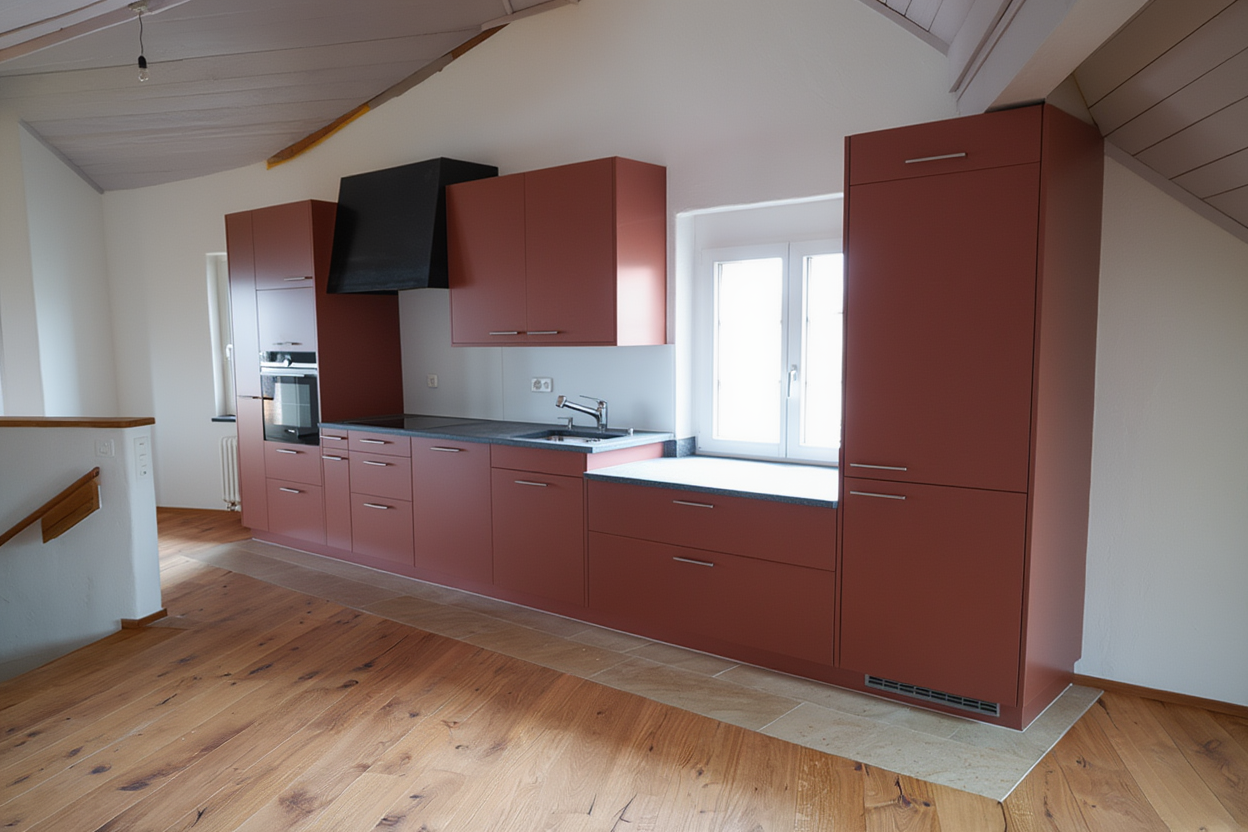 Küche mit bordeauxroten Schränken, Edelstahlgeräten und einem Fenster. Holzböden und Dachschräge.