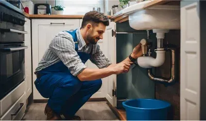 Un plombier répare un évier dans une cuisine.