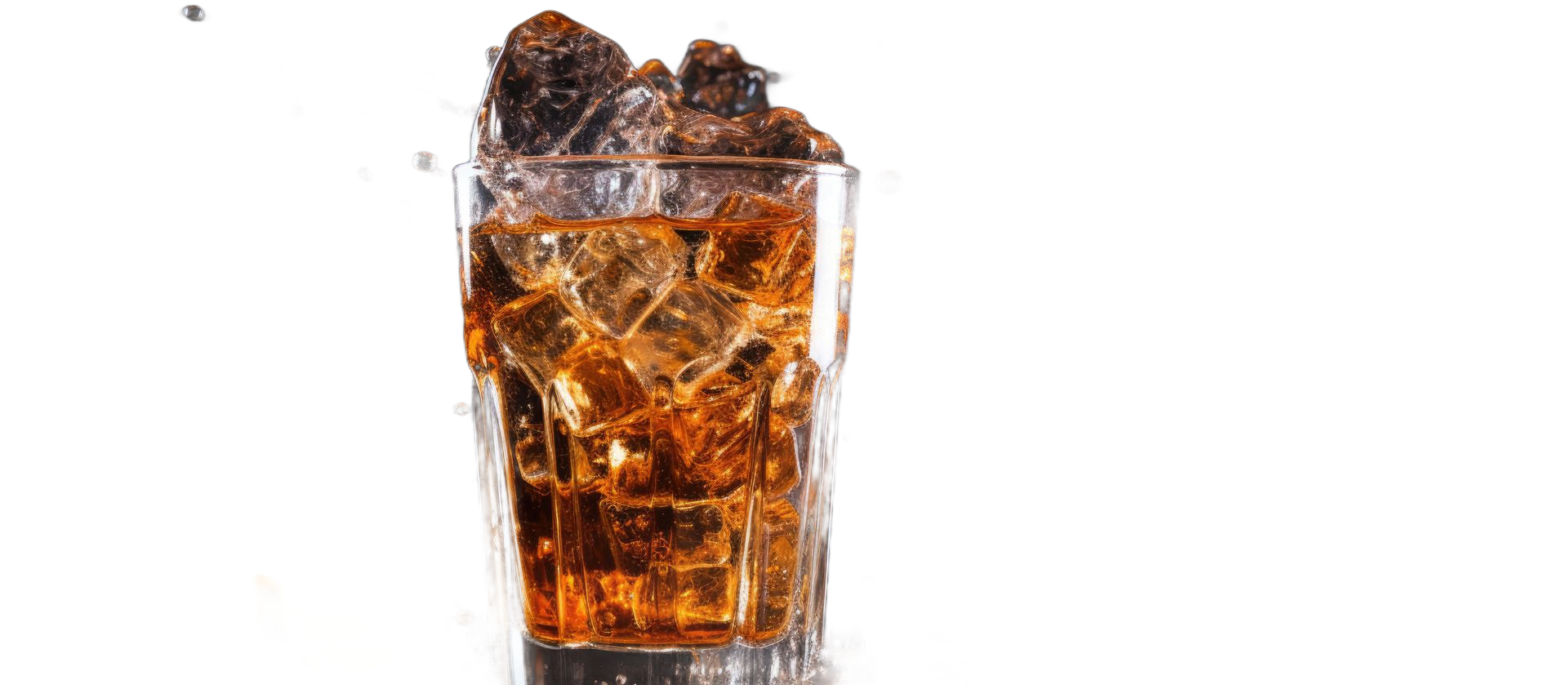 Ein Glas Cola mit Eis und spritzender Limonade, beleuchtet vor einem dunklen Hintergrund, daneben eine Orangenscheibe.