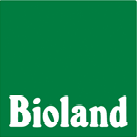 Ein grünes Quadrat mit dem Wort „Bioland“ in weißen Buchstaben darauf.