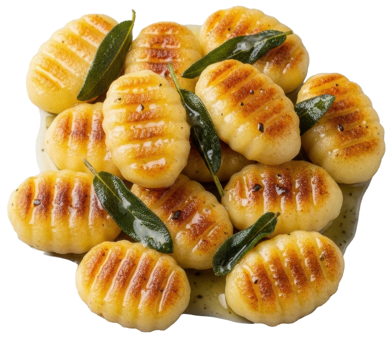 Gnocchis assortis, striés et décorés de feuilles de basilic, sur fond blanc.