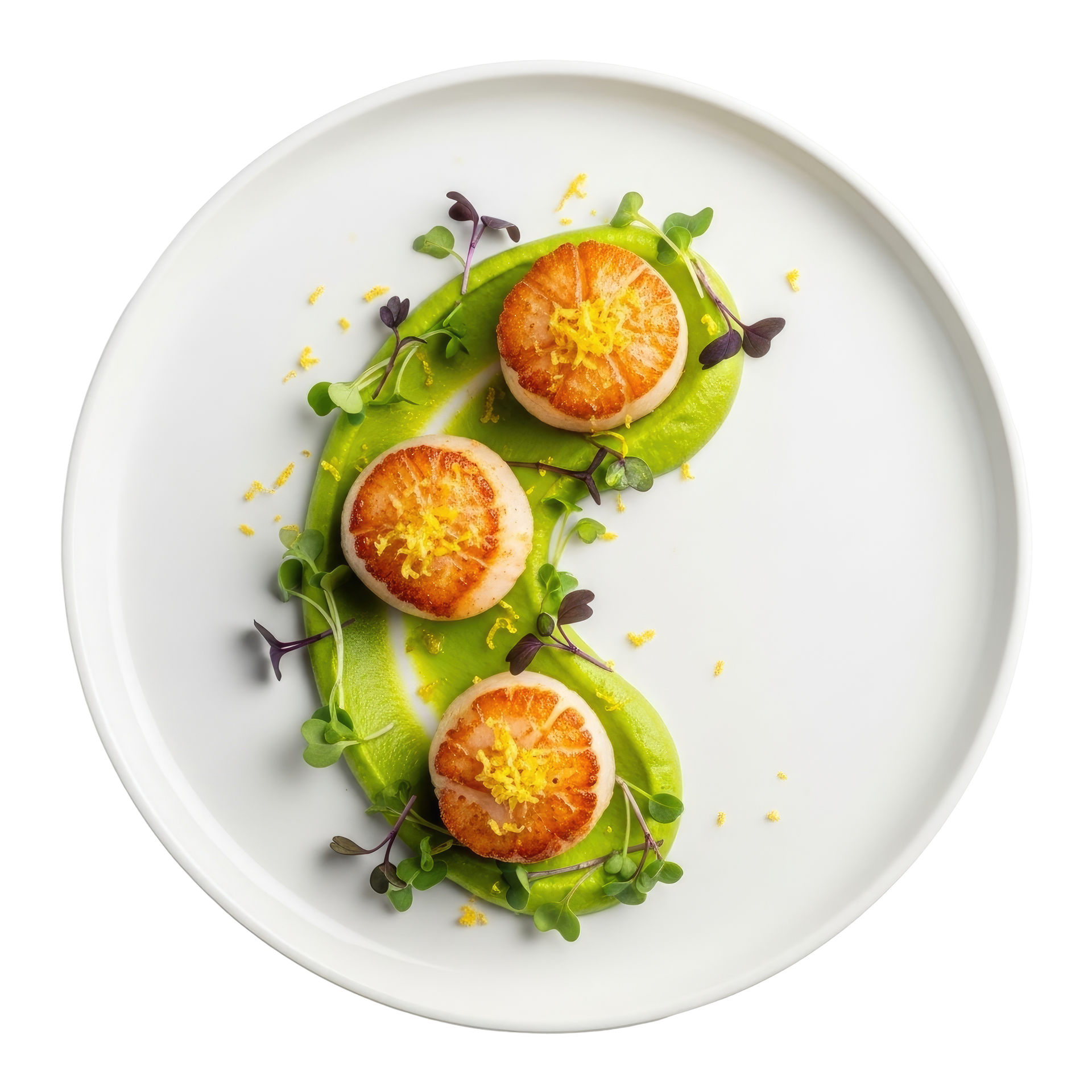 Trois noix de Saint-Jacques poêlées sur une purée verte avec des micropousses, présentées dans une assiette blanche.