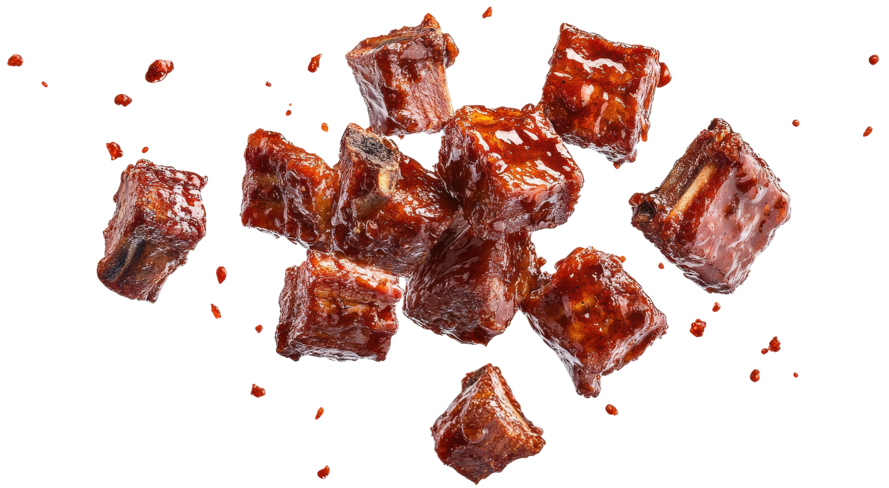 Cubes de viande glacés rouge-brun brillants dispersés sur un fond blanc