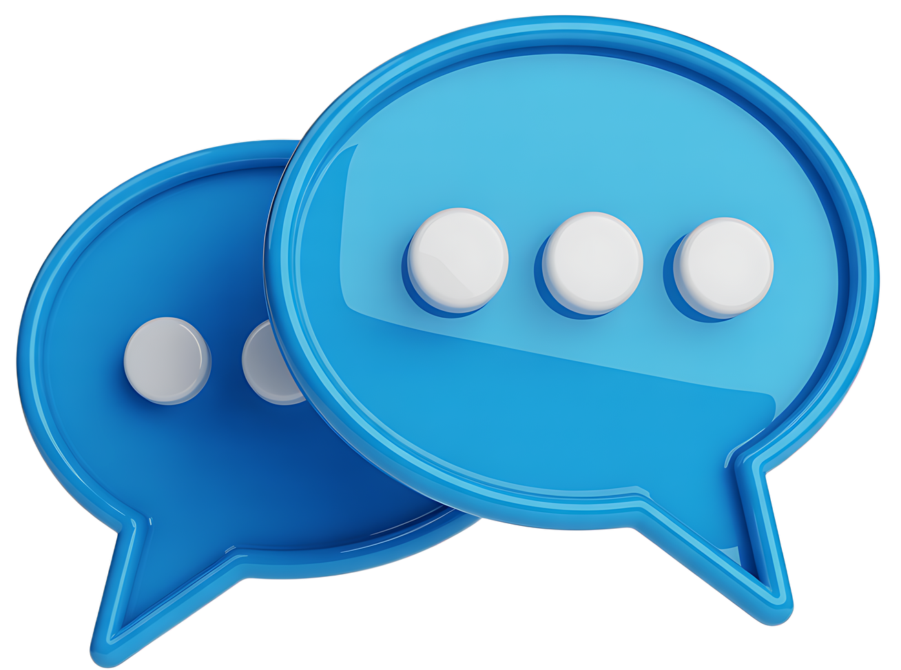 Deux bulles de dialogue bleues superposées avec des points blancs, représentant la messagerie.