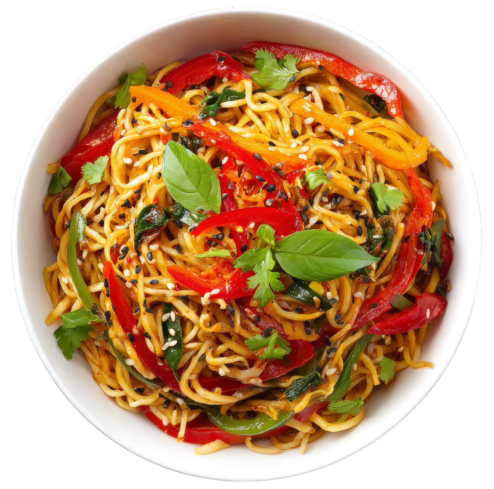 Bol de nouilles sautées aux légumes colorés, garni de basilic frais et de poivrons rouges.