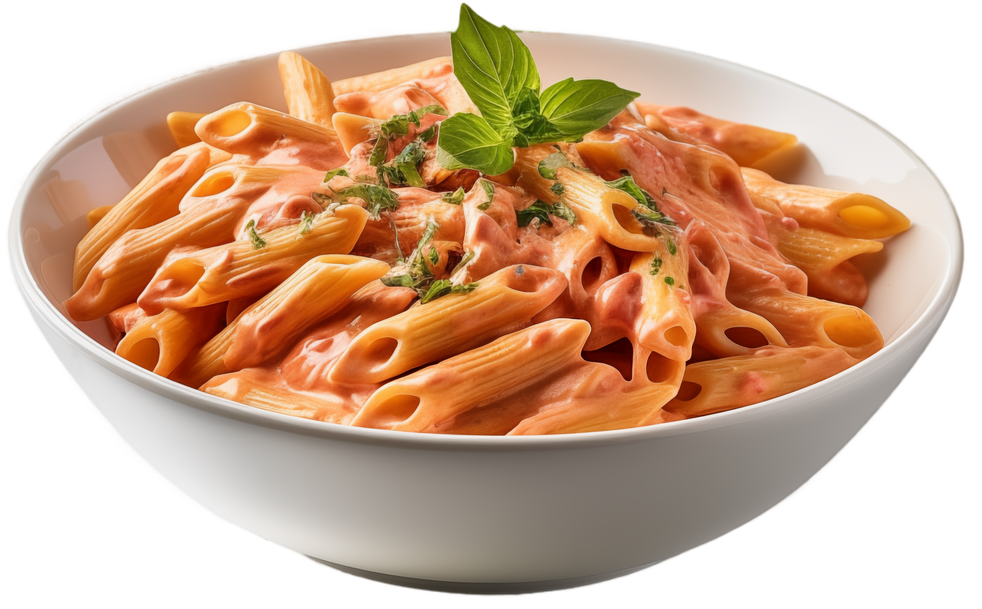 Bol de penne à la sauce rose crémeuse, garni de basilic et de fromage râpé.