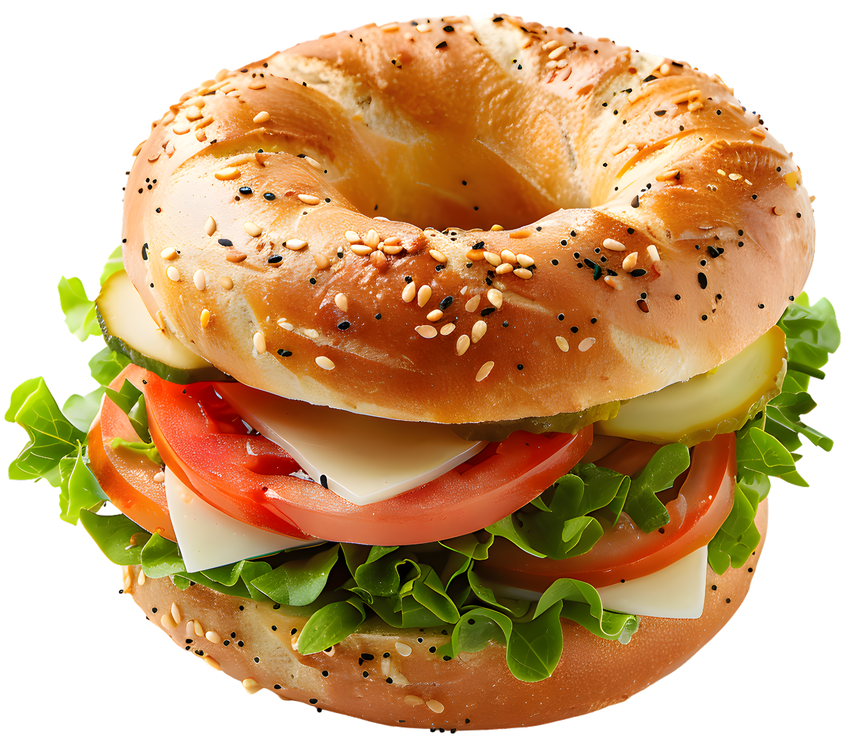 Sandwich bagel au sésame avec laitue, tomate, fromage et charcuterie sur fond blanc.